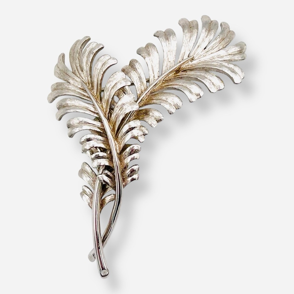 Vintage Monet Silver Tone Feather Brooch Double Leaf